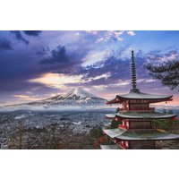 Fuji | Bergwandkunst Sonnenuntergang Print Berglandschaft Große Leinwand Wandkunst Panoramafoto Japan Tempel von WorldsBestCanvas