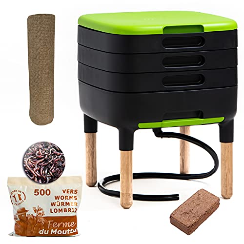 WormBox TinyWorm Design & Compact I 3-Etagen-Wurmkomposter. I 250gr Kompostwürmer / 500 STK. I Komplett-Set I Schublade I Holzbeine von WormBox