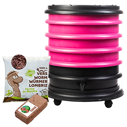 WORMbox | Wurmkomposter Wurmfarm Wurmkiste mit 4 Schalen Fuchsie + 500g Kompostwürmer / 1000 STK + 1 Coco | 64 Liter | Regenwurmkomposter, Kompostwürmer produzieren Wurmhumus von WormBox