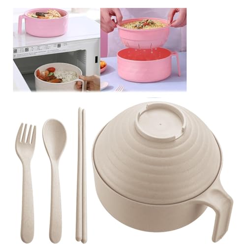 Worparsen Asia Suppen Schüssel mit Stäbchenm,Mikrowellen Ramen Kochschüssel Set Eine abgedeckte Instant Nudelschale,einschließlich Löffel, Gabeln, Stäbchen (Beige) von Worparsen