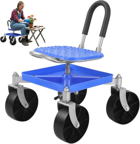 Worparsen Gartenwagen mit Rollen und höhenverstellbarem Drehsitz – 360 ° Drehbarer Ergonomischer Gartenhocker mit Lenker, Aufbewahrungskorb und Sitzpolster für Gartenarbeit (Blau a) von Worparsen