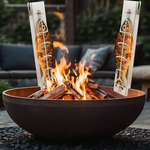 Worshow Edelstahl Flammlachshalter bis 13cm Breite, 180° Drehbar, 5-Stufige Einstellung des Rutschfesten Neigungswinkels, Robustes Flammlachsbrett für Feuerschalen und Kugelgrill - 58.5cm x 13cm von Worshow