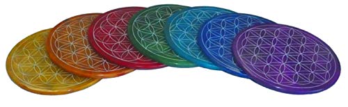 7 Untersetzer aus Speck-Stein mit der Blume des Lebens in den Chakra-Farben, Durchmesser 10 cm, Untersetzer für Gläser, Tassen, Flaschen von Woru