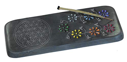 Räucherhalter aus Speckstein den Chakra Farben mit der Blume des Lebens, Räucherstäbchen-Halter, bunt, Stein von Woru