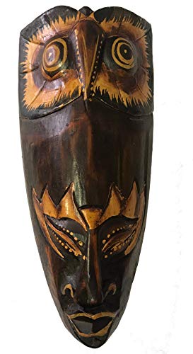 Woru Maske bemalt 20 cm, Holzmaske aus Bali, Wandmaske (Eule) von Woru