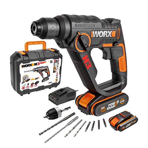 WORX WX390.1 Bohrhammer SDS-plus - 20V Bohrmaschine mit pneumatischem Hammerwerk zum Schrauben, Bohren und Hämmern – 1,2 Joule Schlagenergie – Mit 2 Li-Ion Akkus, Ladegerät und Koffer von WORX