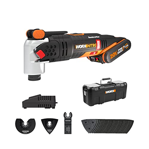 WORX NITRO WX693 Sonicrafter Akku Multifunktionswerkzeug 20V – bürstenloser Motor –PowerShare – zum Schneiden, Sägen, Schleifen – inkl. 2Ah Akku, Schnellladegerät, Koffer und Zubehör von WORX