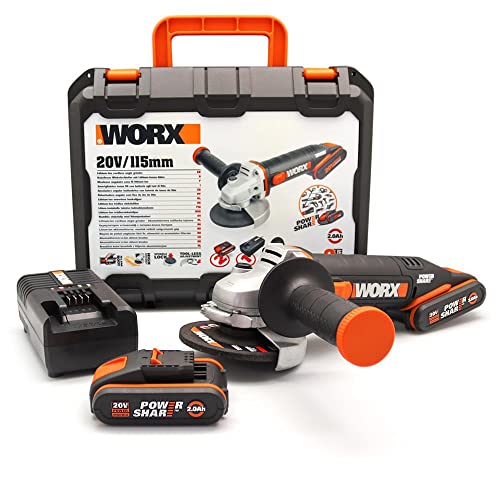 WORX WX800 Akku-Winkelschleifer 20V – einfach zum Schleifen & Schneiden – ergonomischer Komfort mit schmalem Körper & Zusatzhandgriff – schneller Scheibenwechsel – inkl. 2 Akkus (20V 2Ah) & Ladegerät von WORX