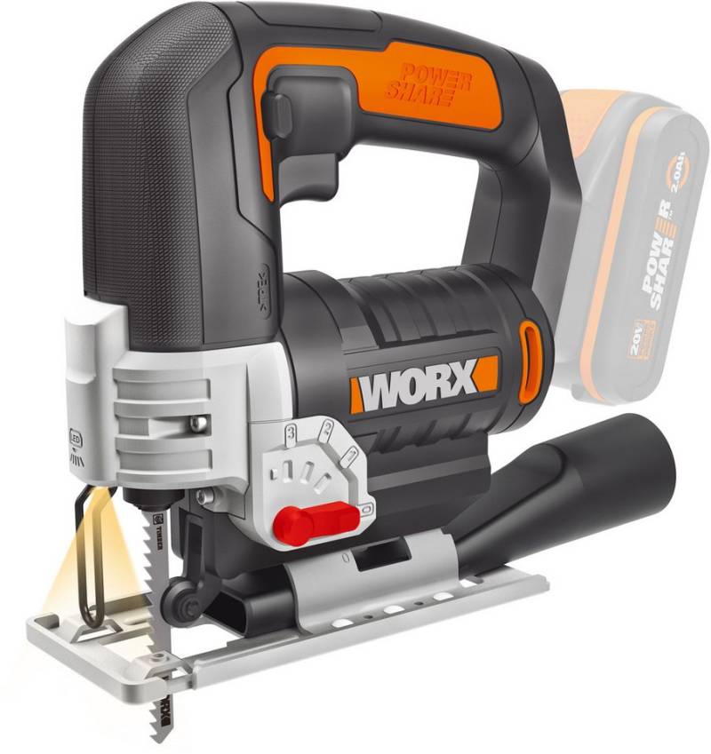 Worx Akku-Stichsäge WX543.9, mit Absaug-Adapter, 45° Gehrungsschnitte, ohne Akku & Ladegerät von Worx