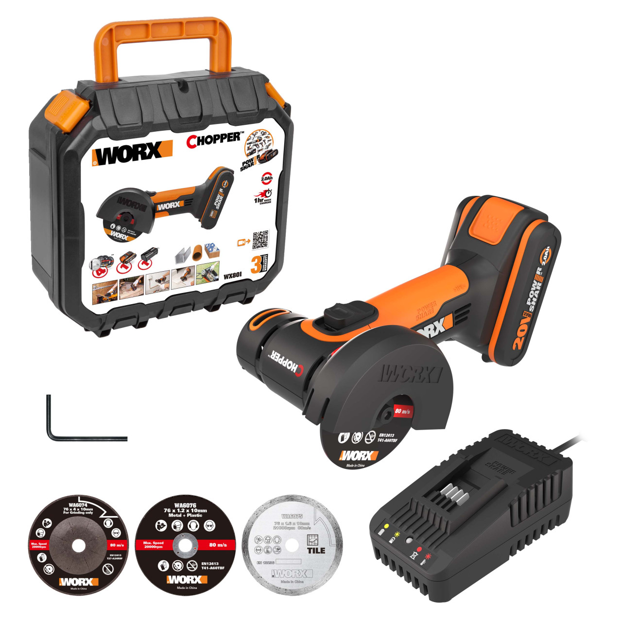 Worx Mini Akku-Winkelschleifer Chopper WX801 20 V inkl. Akku 2 Ah & Ladegerät von Worx