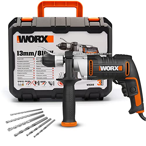 WORX WX318 Schlagbohrmaschine 810W mit robustem Metall-Getriebegehäuse, stufenloser Drehzahlregulierung, Tiefenanschlag, Schnellspannbohrfutter uvm. – Exaktes Bohren in Holz, Beton & Stahl von WORX