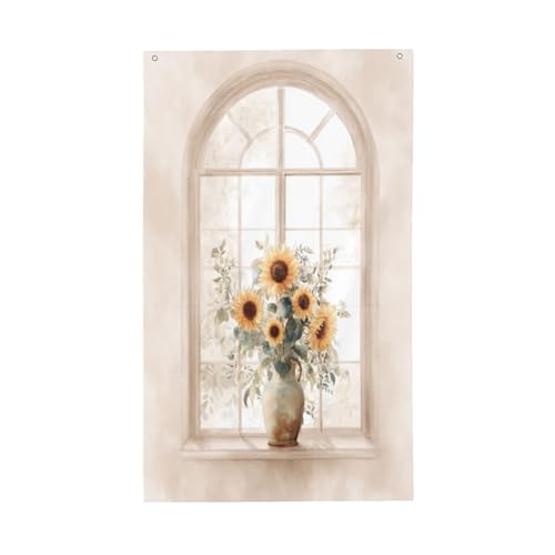 Aquarell Fenster Sonnenblumen Vintage Hofhaus Flaggen 90 x 152 cm Saisongrußbanner mit Ösen für drinnen und draußen Party Zuhause Dekorationen von Woshuwo