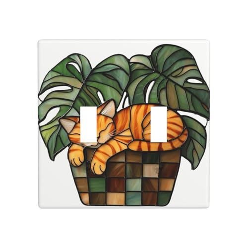Buntglas-Blumentopf mit schlafender Katze, Doppel-Gang-Kippschalter, Wandplatte, Schalter, Dekor, Standardgröße – 11,4 x 11,4 cm von Woshuwo