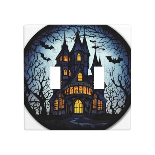 Buntglas-Schloss, düsteres Gothic-Design, Doppel-Gang-Kippschalter, Wandplatte, Schalter, Dekor, Standardgröße – 11,4 x 11,4 cm Buntglas-Schloss, düsteres Gothic-Design, Doppel-Gang-Kippschalter, Wandplatte, Schalter, Dekor, Standardgröße – 11,4 x 11,4 cm von Woshuwo