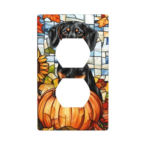 Dackel auf Kürbis, Herbstblätter, Lichtschalter-Abdeckung, dekorative 1-Gang-Wandplatte für Küche, Badezimmer, Größe 7 x 11,4 cm von Woshuwo