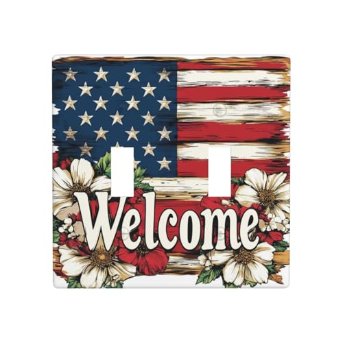 Doppelter Kippschalter mit amerikanischer Flagge, Holz, Wandplatte, Schalter, Dekor, Standardgröße – 11,4 x 11,4 cm Doppelter Kippschalter mit amerikanischer Flagge, Holz, Wandplatte, Schalter, Dekor, Standardgröße – 11,4 x 11,4 cm von Woshuwo