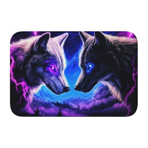 Fantasy Art Fußmatte mit Wölfen, rutschfeste Fußmatte für den Innen- und Außenbereich, 40 x 60 cm, Lila und Blau von Woshuwo