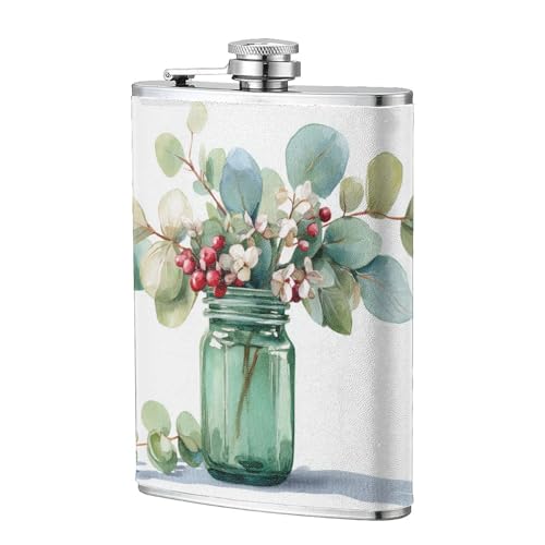 Flachmann aus Glas mit Eukalyptus-roten Beeren, 237 ml, Edelstahlflagons für Vater, Trauzeugen, Hochzeit, Reisen, Camping von Woshuwo