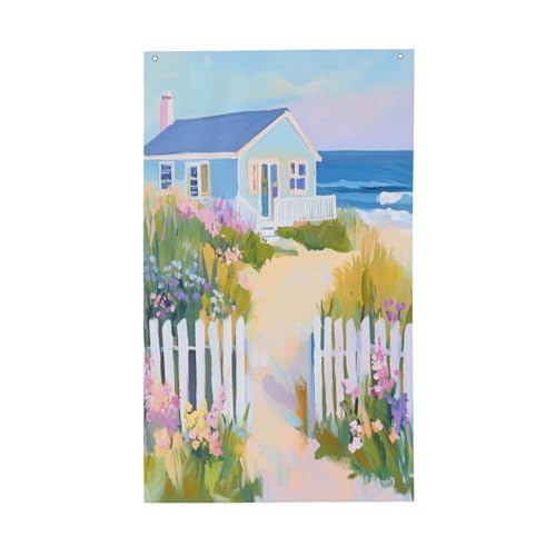 Flagge für Küstenhaus, Zaun, Blumen, Hof, Haus, 90 x 152 cm, mit Ösen, für drinnen und draußen, Party-Dekoration von Woshuwo
