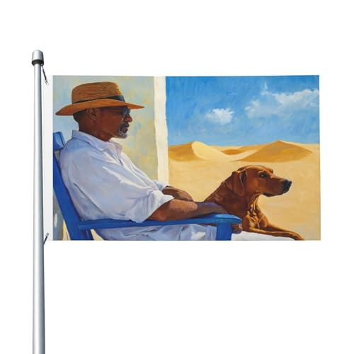 Flagge für den Hof und Haus, Motiv: Mann sitzt auf blauem Stuhl, braun, 90 x 150 cm, mit Ösen, für drinnen und draußen, Party-Dekoration von Woshuwo