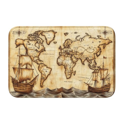 Fußmatte mit alten Weltkarte mit Ozeanschiffen, Vintage-Stil, rutschfeste Fußmatte für den Innen- und Außenbereich, 40 x 60 cm von Woshuwo