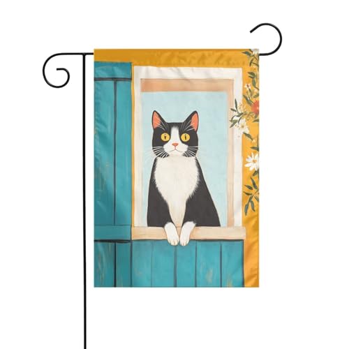 Gartenflagge Katze im Fenster, 30 x 45 cm, vertikal, doppelseitig, Bauernhaus, Urlaub, Außendekoration, Hofflagge Gartenflagge Katze im Fenster, 30 x 45 cm, vertikal, doppelseitig, Bauernhaus, Urlaub, Außendekoration, Hofflagge von Woshuwo