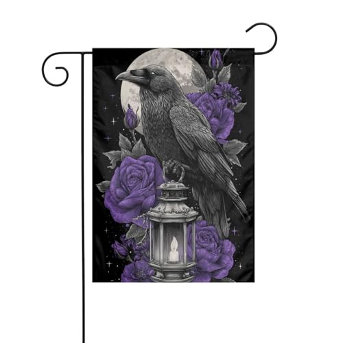 Gartenflagge Rabe auf Laterne, violette Rosen, 30 x 45 cm, vertikal, doppelseitig, Bauernhaus, Urlaub, Außendekoration, Hofflagge von Woshuwo