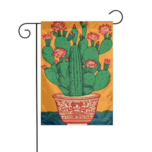 Gartenflagge im Vintage-Kaktus im Blumentopf, 30 x 45 cm, vertikal, doppelseitig, Bauernhaus, Urlaub, Außendekoration, Hofflagge von Woshuwo
