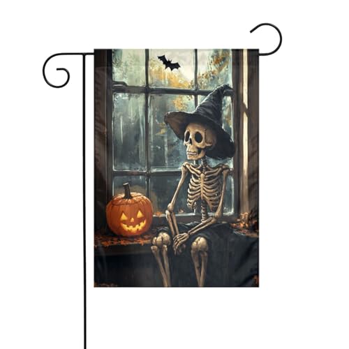 Gartenflagge mit schwarzem Hut, Skelett im Fenster, Kürbis, 30 x 45 cm, vertikal, doppelseitig, Bauernhaus, Urlaub, Außendekoration, Hofflagge Gartenflagge mit schwarzem Hut, Skelett im Fenster, Kürbis, 30 x 45 cm, vertikal, doppelseitig, Bauernhaus, Urlaub, Außendekoration, Hofflagge von Woshuwo