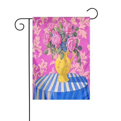 Gelbe Vase mit rosa Rosen auf Tisch, Gartenflagge, 30 x 45 cm, vertikal, doppelseitig, Bauernhaus, Urlaub, Außendekoration, Hofflagge Gelbe Vase mit rosa Rosen auf Tisch, Gartenflagge, 30 x 45 cm, vertikal, doppelseitig, Bauernhaus, Urlaub, Außendekoration, Hofflagge von Woshuwo