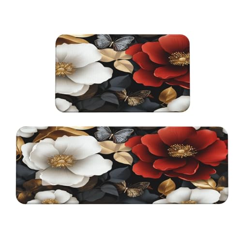 Große Blumen mit goldenen und silbernen Blättern, Küchenteppich-Set, 2 Stück, rutschfeste Bodenmatte, Läufer, Fußmatte, Teppich, Waschküche, Dekoration Große Blumen mit goldenen und silbernen Blättern, Küchenteppich-Set, 2 Stück, rutschfeste Bodenmatte, Läufer, Fußmatte, Teppich, Waschküche, Dekoration von Woshuwo