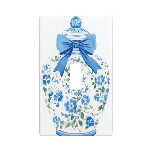 Hellblaue Schleifen, Chinoiserie-Glas-Lichtschalter-Abdeckung, dekorativer Einzel-Kippschalter, 1-Gang-Wandplatte für Küche, Bauernhaus, Schlafzimmer, Badezimmer, Kunstdekoration von Woshuwo