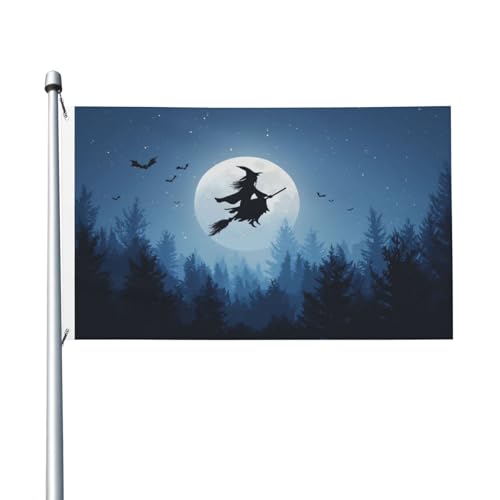 Hexe fliegt auf Besenstiel-Silhouette, Hofhausflaggen, 90 x 150 cm, mit Ösen, für drinnen und draußen, Party-Dekoration Hexe fliegt auf Besenstiel-Silhouette, Hofhausflaggen, 90 x 150 cm, mit Ösen, für drinnen und draußen, Party-Dekoration von Woshuwo