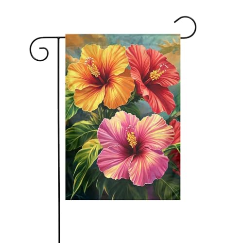 Hibiskus tropische Blumen, Gartenflagge, 30 x 45 cm, vertikal, doppelseitig, Bauernhaus, Urlaub, Außendekoration, Hofflagge von Woshuwo