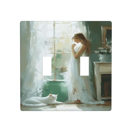Impressionistische Frau und Katze, hohe Fenster, Doppel-Gang-Kippschalter, Wandplatte, Schalter, Dekor, Standardgröße – 11,4 x 11,4 cm von Woshuwo
