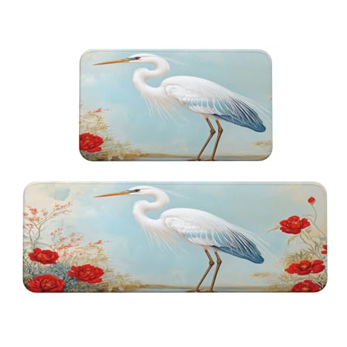 Küchenteppich, Motiv: Blaureiher mit roten Blumen, rutschfest, 2 Stück Küchenteppich, Motiv: Blaureiher mit roten Blumen, rutschfest, 2 Stück von Woshuwo