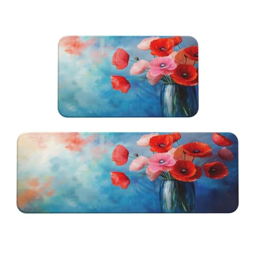 Küchenteppich, Motiv: Bouquet of Poppies, rutschfest, 2 Stück, Läufer Teppich, Fußmatte, Teppich, Waschküche, Küchendekoration Küchenteppich, Motiv: Bouquet of Poppies, rutschfest, 2 Stück, Läufer Teppich, Fußmatte, Teppich, Waschküche, Küchendekoration von Woshuwo