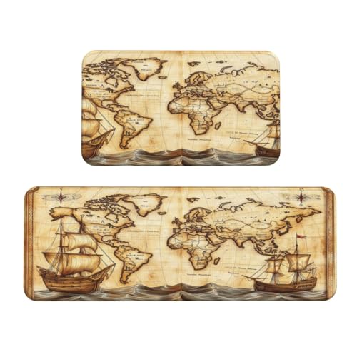 Küchenteppich, Motiv: alte Weltkarte mit Ozeanschiffen, 2er-Set, rutschfeste Bodenmatte, Läufer, Teppich, Waschküche, Küchendekoration von Woshuwo