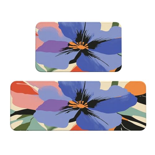 Küchenteppich, Retro-Stil, blaue Blume mit grünen Blättern, rutschfest, 2 Stück Küchenteppich, Retro-Stil, blaue Blume mit grünen Blättern, rutschfest, 2 Stück von Woshuwo