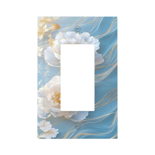 Lichtschalter, Wandplatte, Blende, 1-Gang, Dekorator, Steckdosenabdeckungen für Zuhause, Küche, Zimmer, Badezimmer, Blau / Gold, flüssiges Wasser, weiße Pfingstrosen von Woshuwo