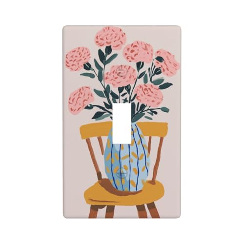 Lichtschalter-Abdeckung, Motiv: Nelken in Vase, Holzstuhl, dekorativ, einzelner Kippschalter, 1-Gang, Wandplatte für Küche, Bauernhaus, Schlafzimmer, Badezimmer, Kunstdekoration von Woshuwo