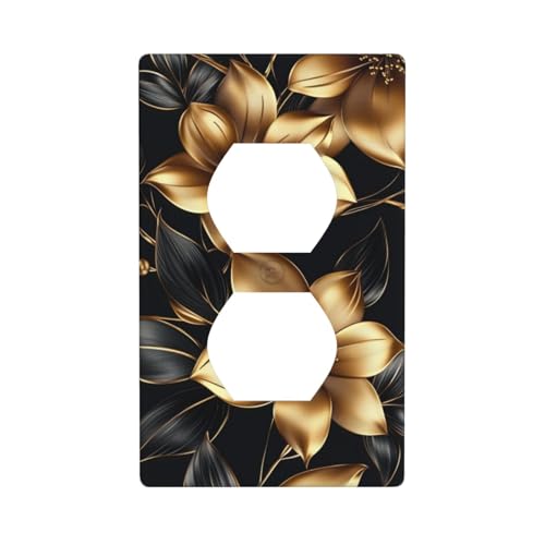 Lichtschalter-Abdeckung, dekorative 1-Gang-Wandplatte für Küche, Badezimmer, Größe 7 x 11,4 cm, goldene Blumen auf schwarzer Steckdose von Woshuwo