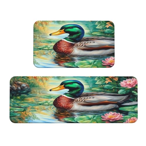 Mallard Küchenteppich, Motiv: Wildente, 2 Stück, rutschfeste Bodenmatte, Läufer, Teppich, Fußmatte, Teppich, Waschküche, Dekoration Mallard Küchenteppich, Motiv: Wildente, 2 Stück, rutschfeste Bodenmatte, Läufer, Teppich, Fußmatte, Teppich, Waschküche, Dekoration von Woshuwo