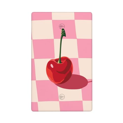 Minimalistische Abdeckung für Lichtschalter, Kirsche auf rosa-weißem Schachbrett, einzelner Kippschalter, blanko, dekorative 1-Gang-Abdeckung, für Küche, Zimmer, Badezimmer, Größe 11,4 x 7 cm von Woshuwo
