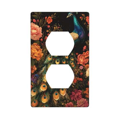 Schöne Pfauen-Abdeckung mit bunten Blumen, Vintage-Stil, Lichtschalter-Abdeckung, dekorative 1-Gang-Wandplatte für Küche, Badezimmer, Größe 7 x 11,4 cm von Woshuwo