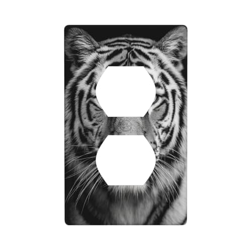 Schwarze und weiße Tiger-Portrait-Steckdosenabdeckung, Lichtschalter-Abdeckung, dekorative 1-Gang-Wandplatte für Küche, Badezimmer, Größe 7 x 11,4 cm von Woshuwo