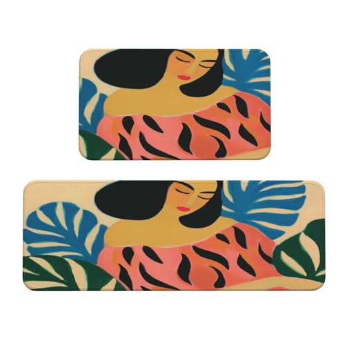 Tropische Pflanzen Frau Boho Vintage Küchenteppiche Set mit 2 rutschfesten Bodenmatten Läufer Teppich Fußmatte Bereich Teppich Waschküche Dekor von Woshuwo