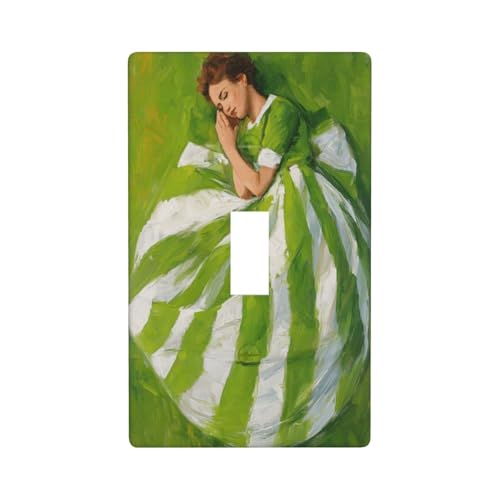Wasserfarben-Lichtschalter-Abdeckung, Gouache, schlafende Frau, grün, dekorativ, einzelner Kippschalter, 1-Gang, Wandplatte für Küche, Bauernhaus, Schlafzimmer, Badezimmer, Kunstdekoration von Woshuwo