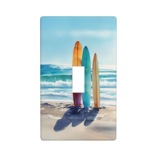 Wasserfarben-Surfbretter stehend im Sand, Lichtschalter-Abdeckung, dekorativer Einzel-Kippschalter, 1-Gang-Wandplatte für Küche, Bauernhaus, Schlafzimmer, Badezimmer, Kunstdekoration von Woshuwo