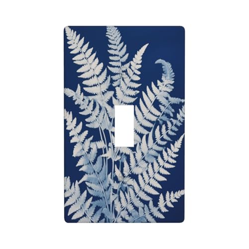 Weiße Farnenblätter, dunkelblaue Lichtschalter-Abdeckung, dekorativer Einzel-Kippschalter, 1-Gang-Wandplatte für Küche, Bauernhaus, Schlafzimmer, Badezimmer, Kunstdekoration von Woshuwo